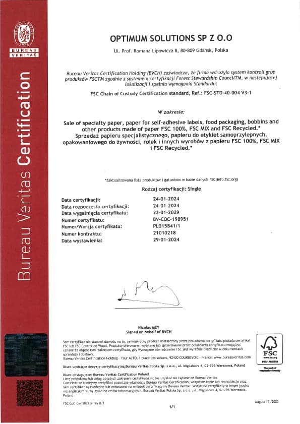 Certyfikat FSC Chain of Custody wydany przez Bureau Veritas dla Optimum Solutions SP Z O.O.